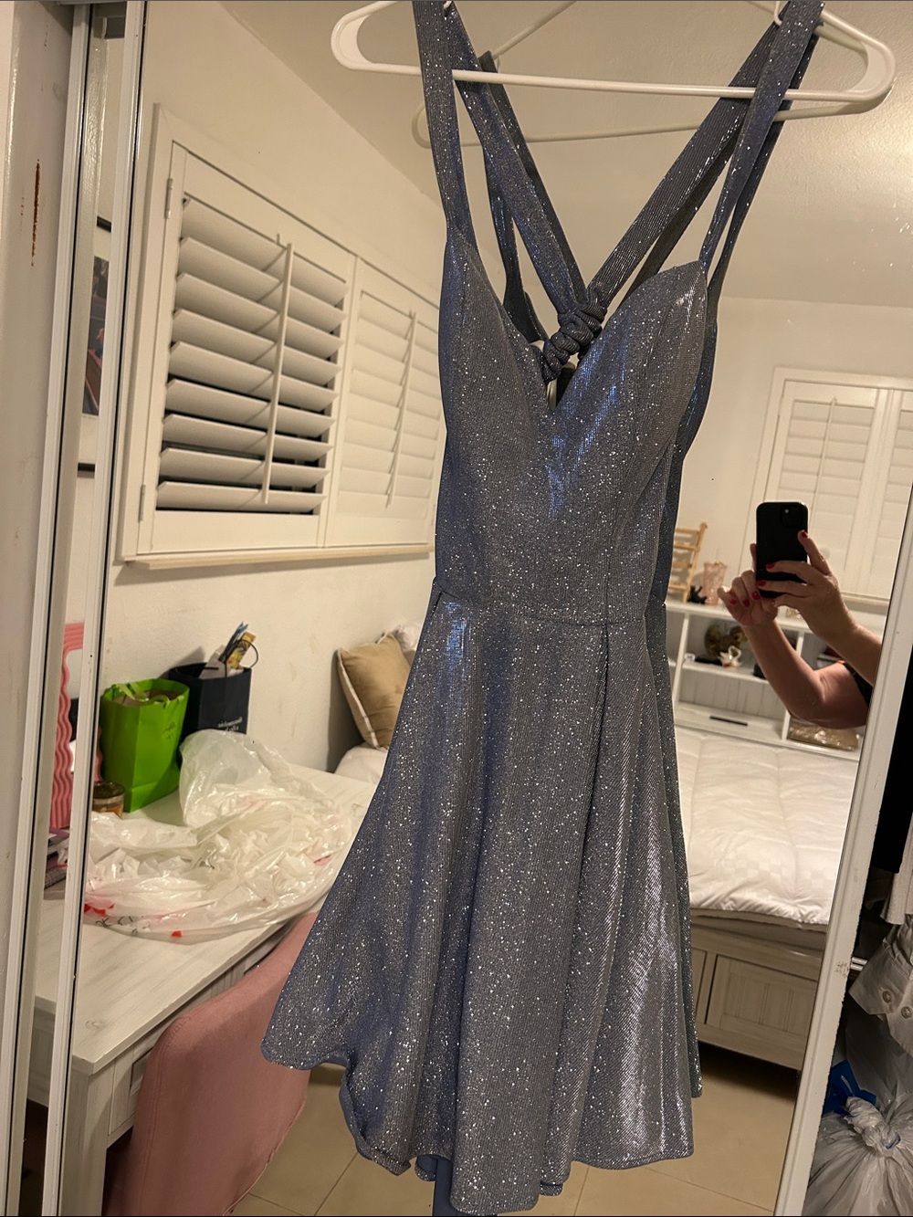 B Darlin Sparkling Steel-Blue A-Line Prom Dress with Knotted Straps
